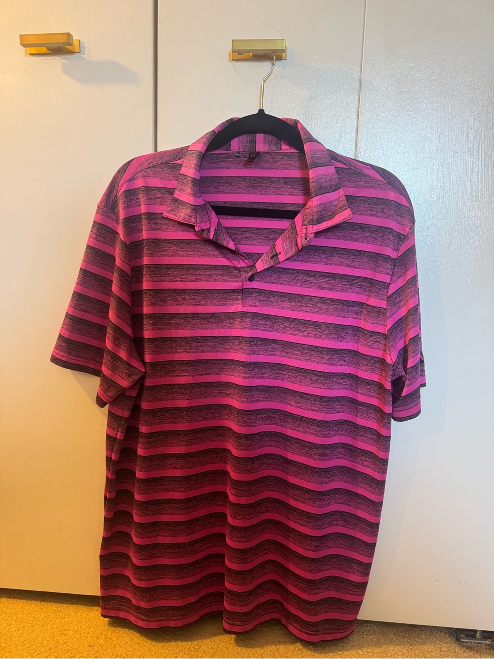 adidas Men’s Pink and Black Striped Polo